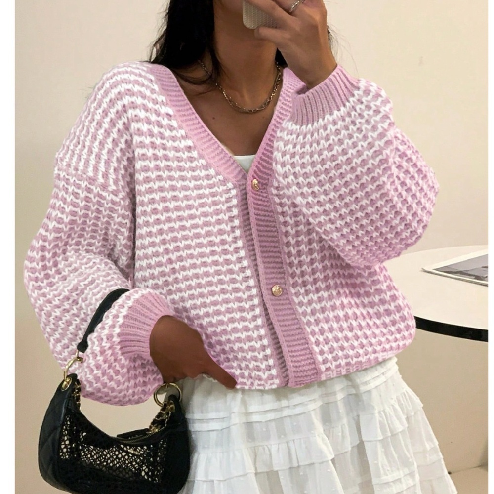 Pink White Button Down V-Neck Cardigan Long Sleeve